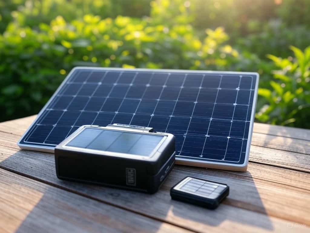 Solarpanel, Laderegler und Batterie auf einem Tisch